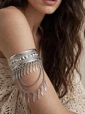 Silver Feather Fringe Cuff Bracelet